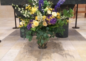 Purple & yellow alter vase arrangement Bonnie Keller