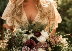 Rustic Bohemian Bridal Bouquet White and Purple Flowers