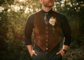 Rustic Groom wearing Rose Boutonniere and Greenery