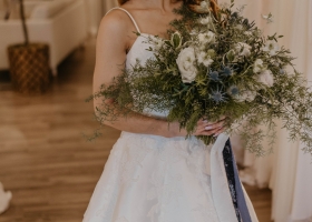Loose Greenery, White and Blue Bridal bouquet by Bloomberry Floral